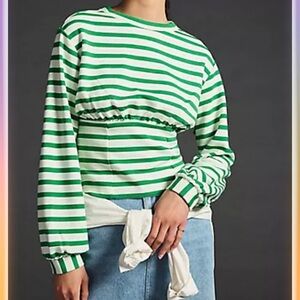 Maeve Green White Stripe Corset Waist Sweatshirt Medium Anthropologie